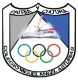 Escudo del Colegio Miguel Ángel Asturias: libro abierto, cinco aros y el lema Patria y Cultura